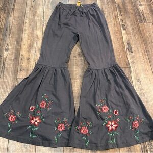 April Cornell Bell Bottom Pants S Small Grey Flower Embroidery Hippie Boho Gypsy